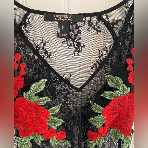 FOREVER 21 - Rose Embroidered Appliqué on Black Lace Maxi Dress - Picture 3 of 4